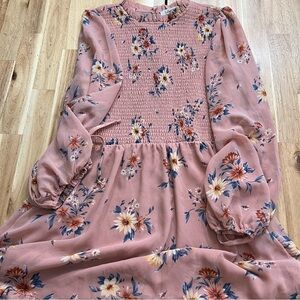 Liberty Love Floral Smocked Long Sleeve Dress Pink Size Large